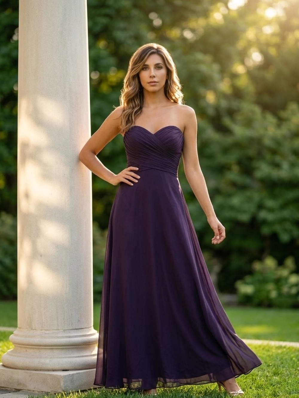 Bill Levkoff Strapless Plum Purple Chiffon Prom Gown